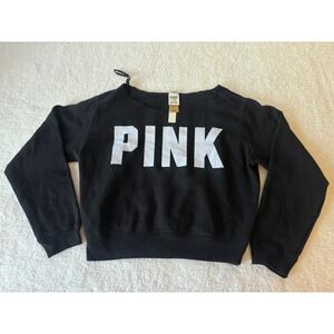 Victorias Secret PINK Black Logo Off The Shoulder Sweatshirt Large NWT